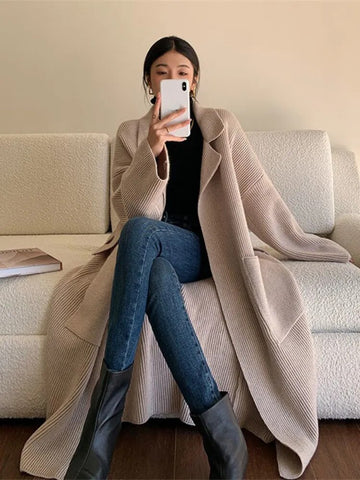 Getadme Women's Sweaters Polo Collar Long Coat 2023 Autumn Winter New In Korean Lazy High-end Gentle Soft Loose Knit Cardigan Coat
